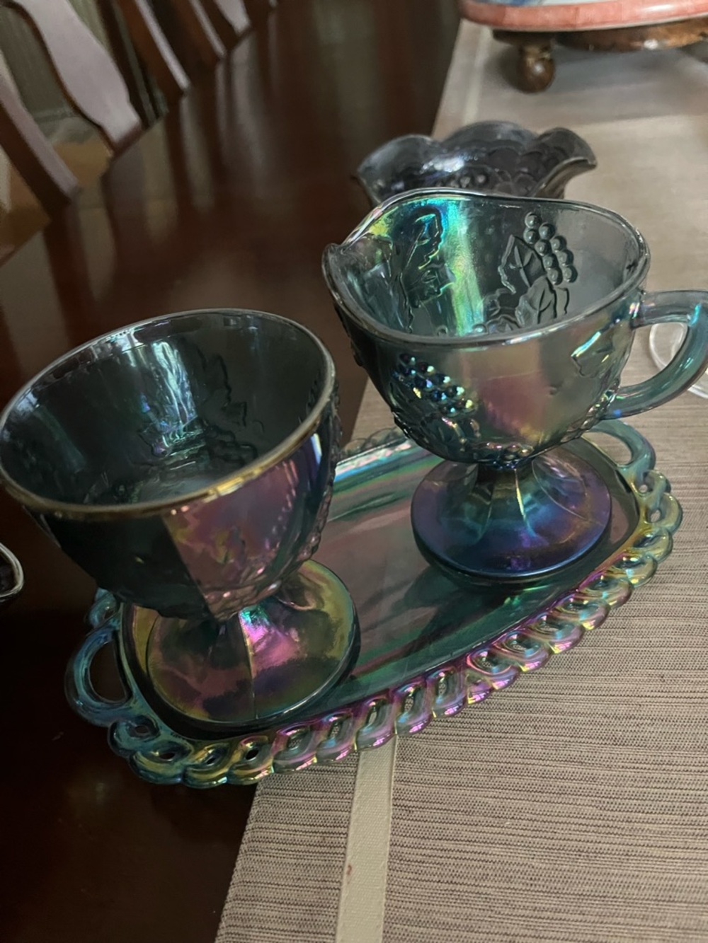 Iridescent Carnival Glass Sugar & Creamer Set - Blue/Green/Purple